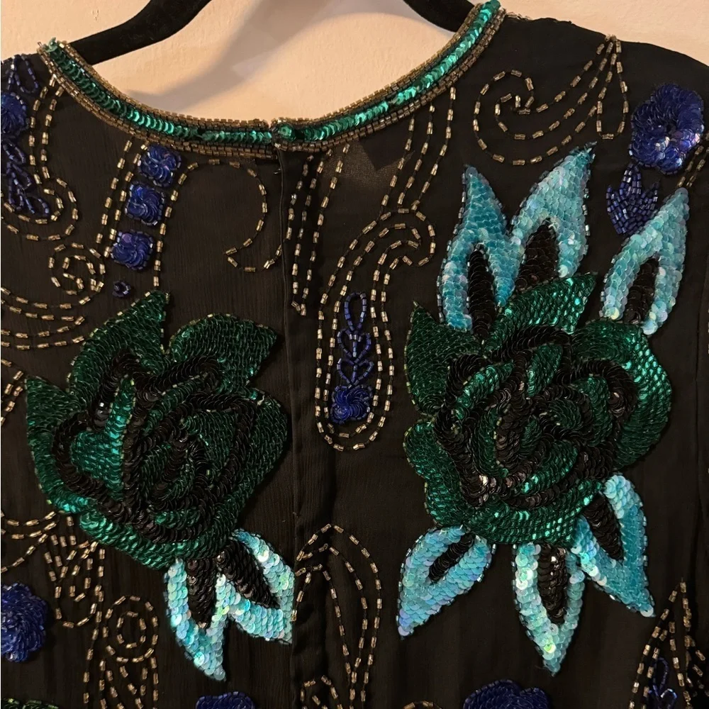 VTG Scala Beaded Silk Blouse Long Sleeve Elegant Party Sparkle Top Blue Purple - Picture 12 of 16